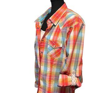 Plus Size Western Shirt Panhandle Pearl Snap Contrast Cuffs Stitching Sz XXL